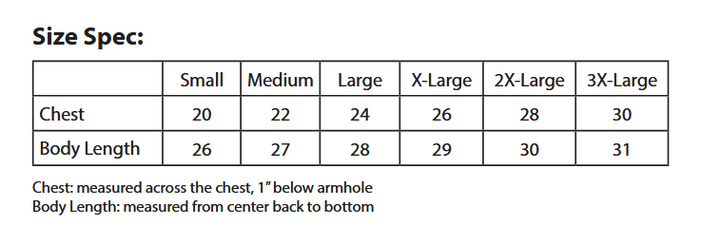 Size specification chart for clothing with chest and body length measurements.