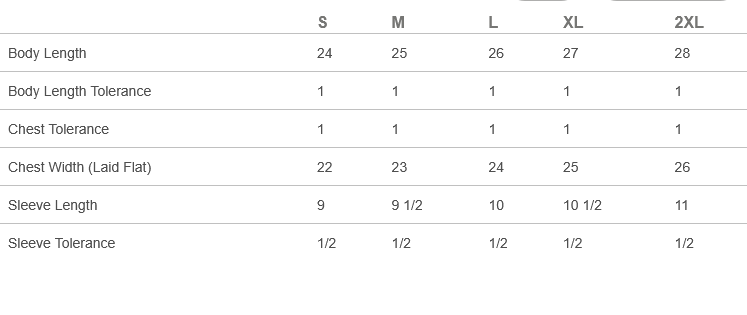 Size chart for clothing with measurements in inches