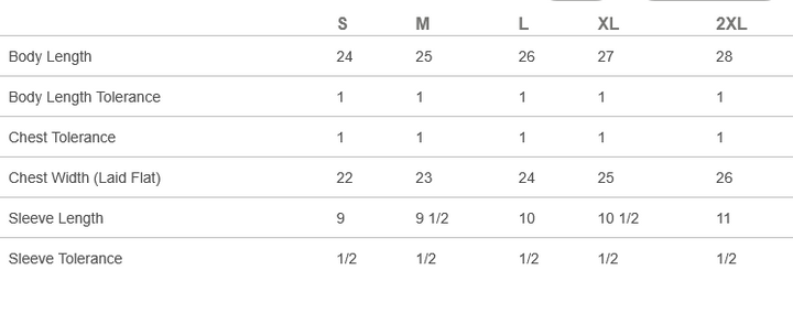 Size chart for clothing with measurements in inches