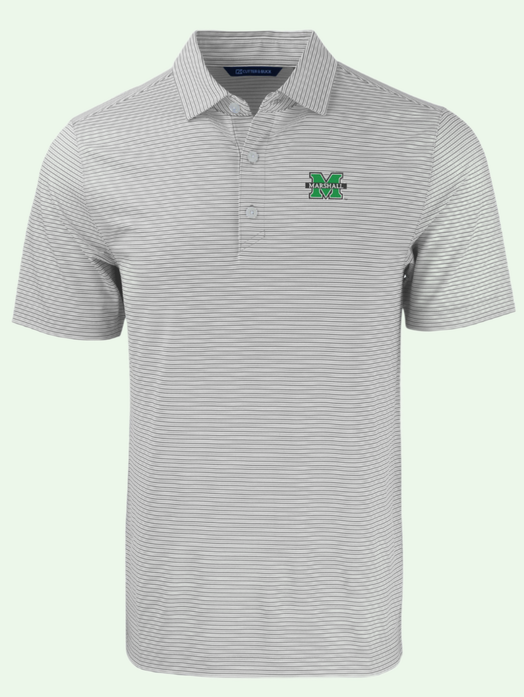 a grey and white striped polo with a Marshall "M" logo on the left chest