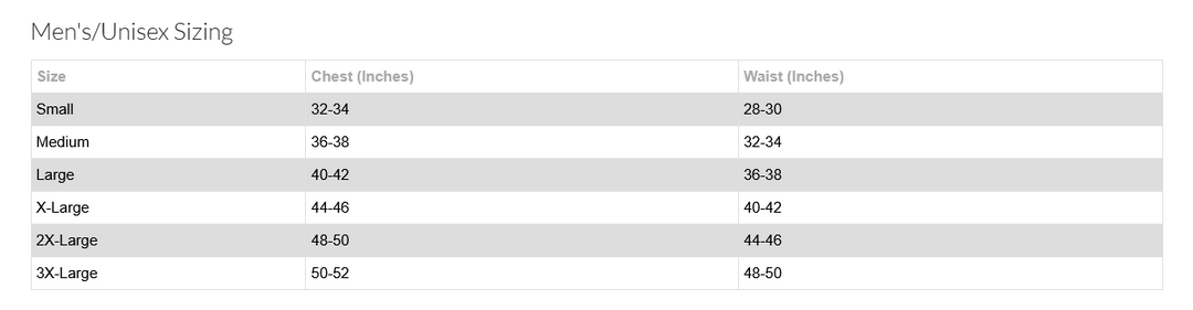 Men's/Unisex sizing chart with chest and waist measurements.