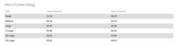 Men's/Unisex sizing chart with chest and waist measurements.