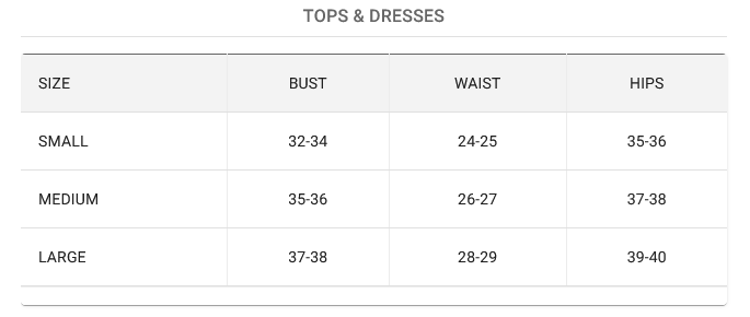 Size chart for tops and dresses with bust, waist, and hips measurements.