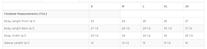 size chart for tee shirt