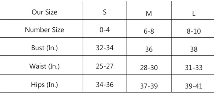 Size chart for clothing with measurements in inches for bust, waist, and hips.