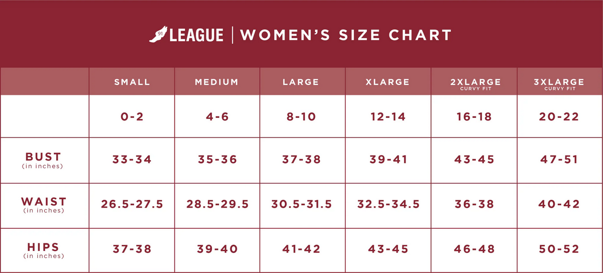 league women's size chart
