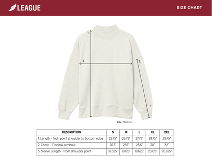 A size chart graphic for a League sweatshirt, showing a light cream crewneck sweatshirt with measurement arrows and a size table at the bottom listing measurements for S, M, L, XL, and 2XL.