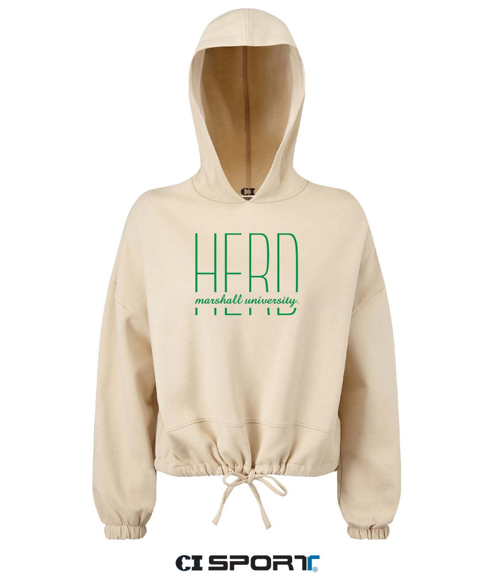 3d mock up of a nude-toned hoodie with HERD Marshall University on the front and a CI Sport logo on picture
