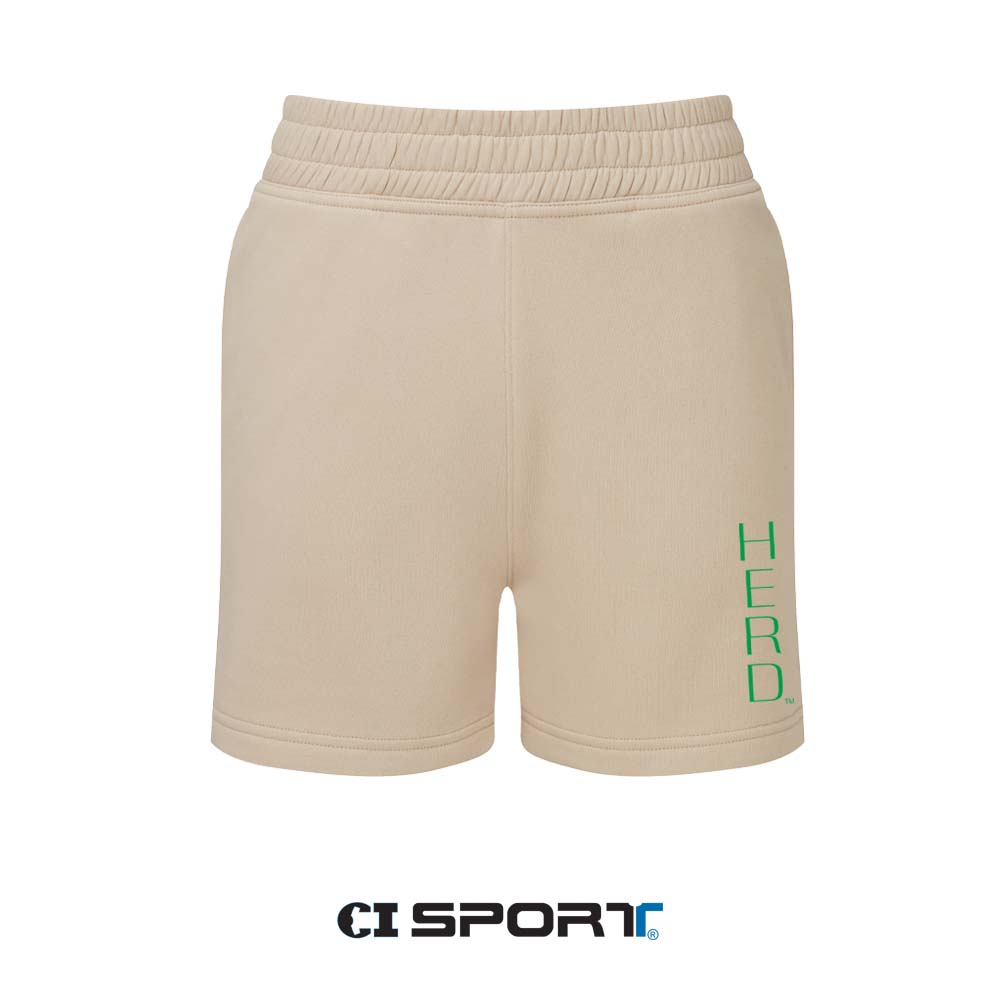nude tone elastic waist shorts with HERD in block letters down the left leg and a CI Sport logo at the bottom of the picture