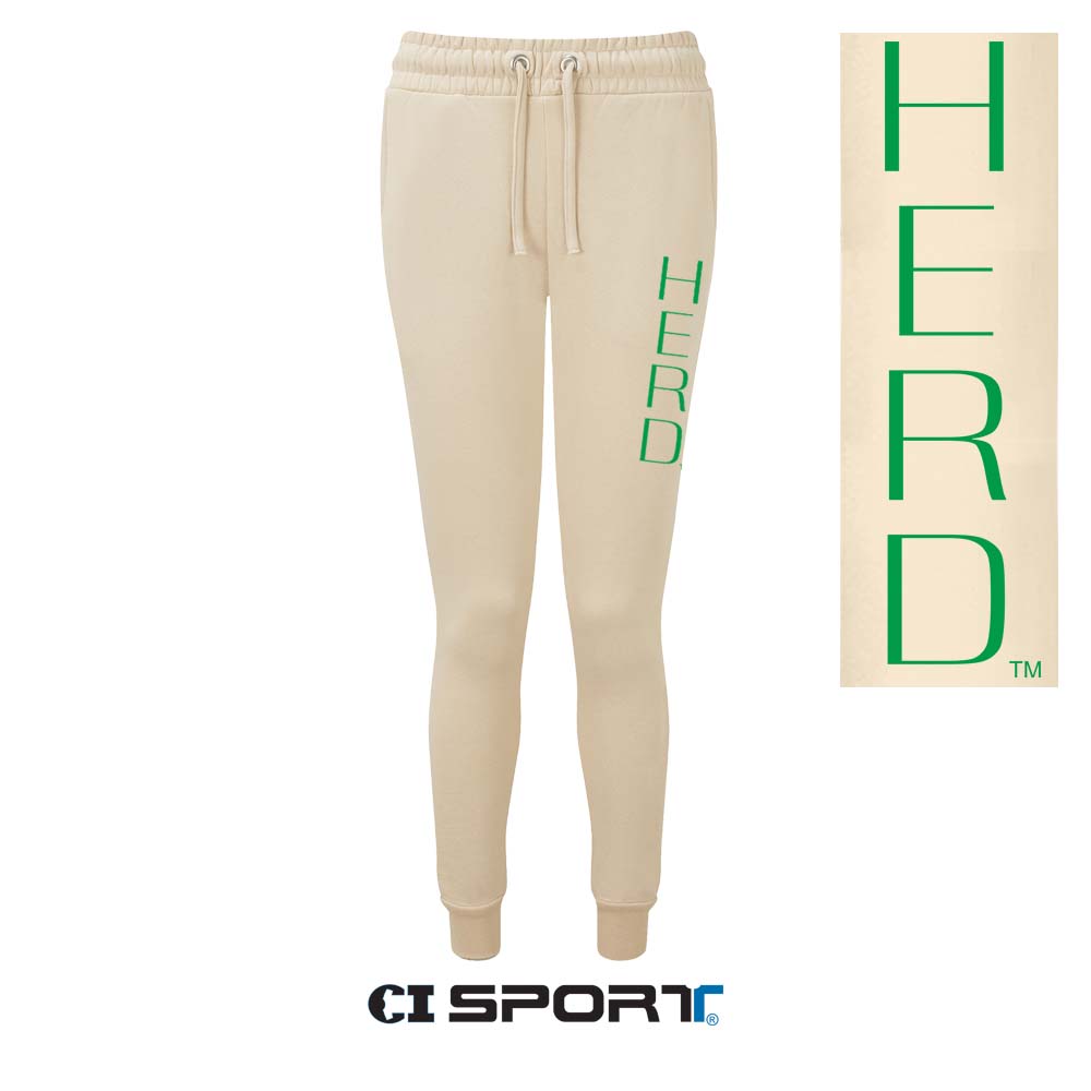 nude color jogger pants with HERD in large block letters down the left leg and CI Sport logo at the bottom and HERD superimposed over the top