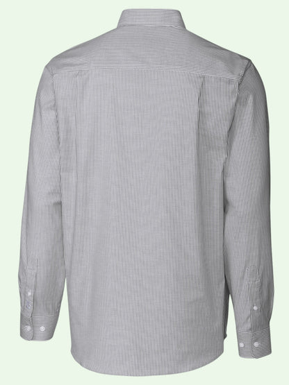 A light gray and white vertically striped long-sleeve button-down shirt, shown from the back on a light green background.