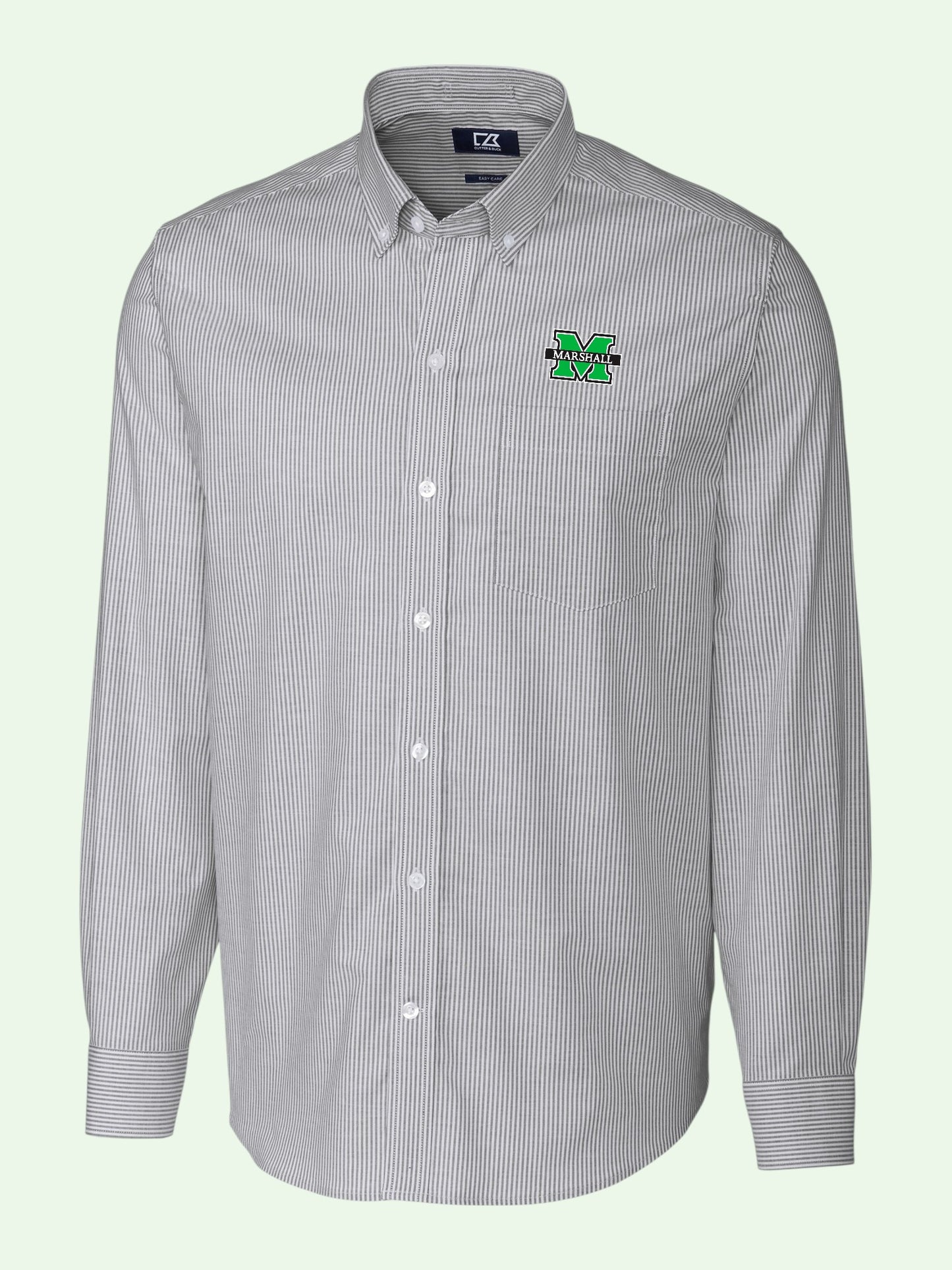 A light gray and white pinstriped button-down shirt with a green and black 'Michigan State Spartans' logo embroidered on the left chest, shown on a pale green background.