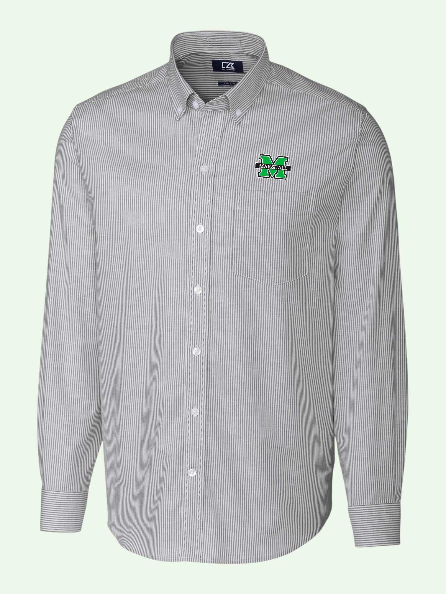 A light gray and white pinstriped button-down shirt with a green and black 'Michigan State Spartans' logo embroidered on the left chest, shown on a pale green background.