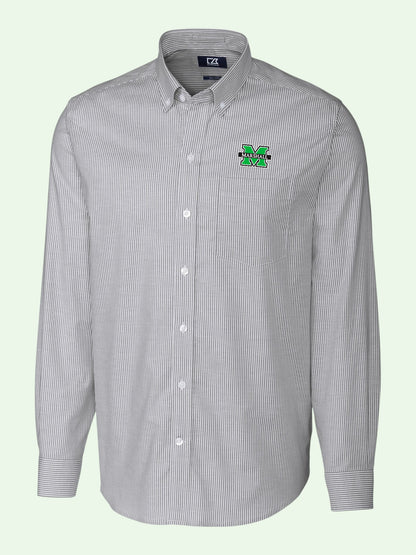 A light gray and white pinstriped button-down shirt with a green and black 'marshall university' logo embroidered on the left chest, shown on a pale green background.