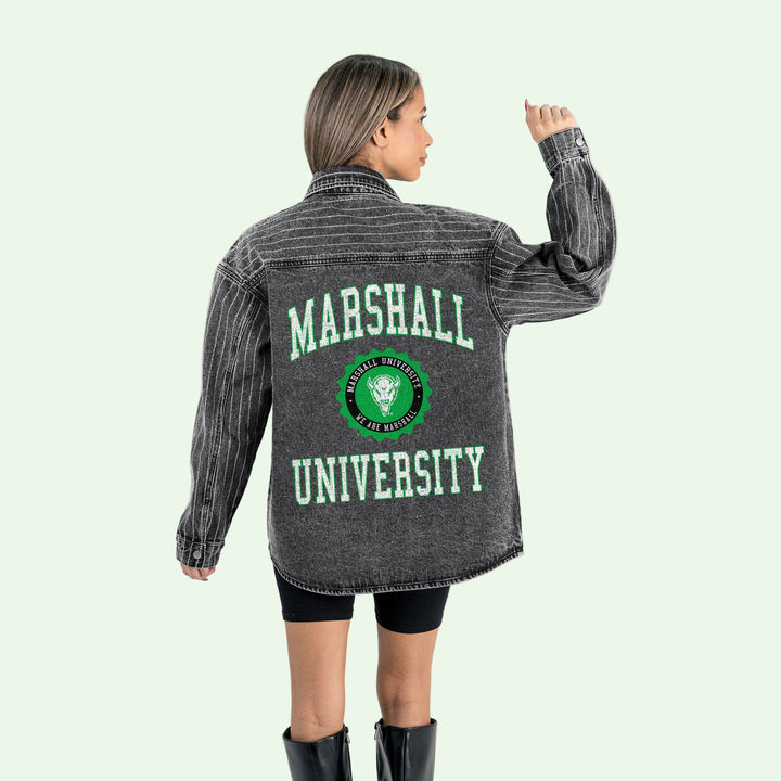 Person wearing a gray denim jacket with 'Marshall University' printed on the back, standing against a white background.