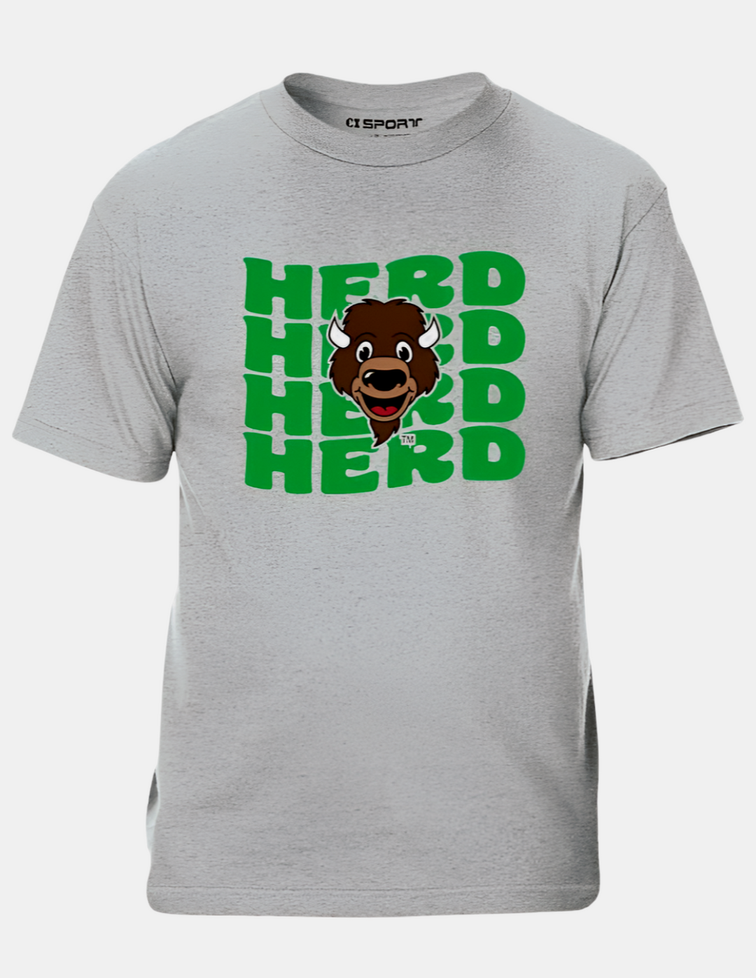 a light grey tee shirt with repeating word HERD on the front centered with a baby marco head