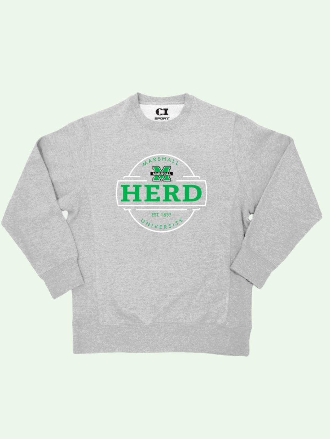 a light grey sweatshirt with a circular logo on the center chest with the marshall m logo and HERD in the center