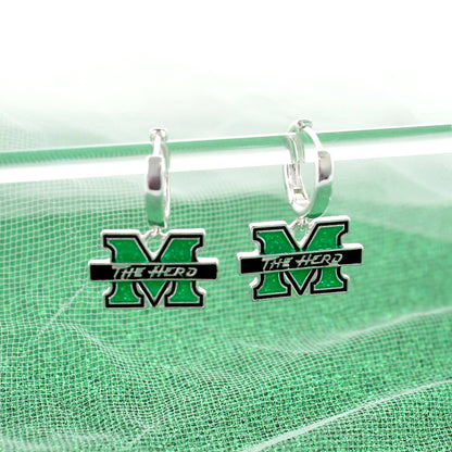 Green and silver earrings with 'The Herd' logo on a green background