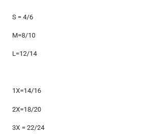 Size chart with measurements for S, M, L, 1X, 2X, and 3X on a white background.