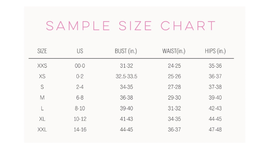 Sample size chart for clothing measurements on a white background