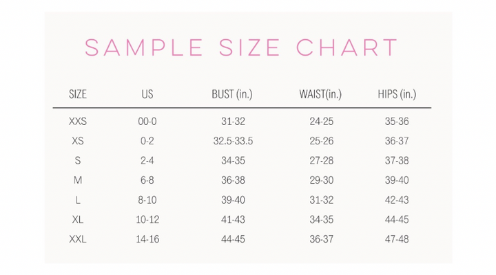 Sample size chart for clothing measurements on a white background