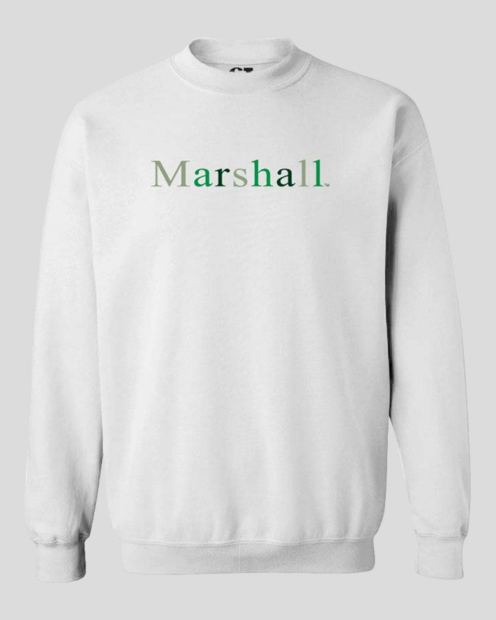 the Team green sweatshirt in a flat lay pose with marshall spelled in varying shades of green