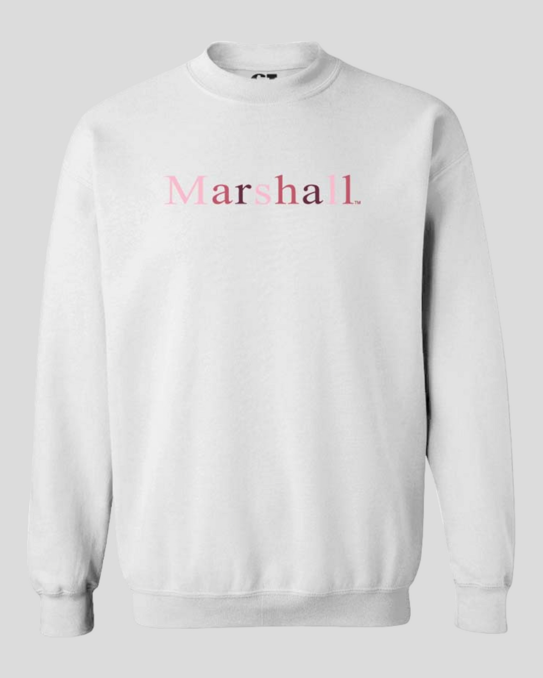 the team pink sweatshirt is shown in a flat lay and it is white with varying shades of pink letters spelling Marshall