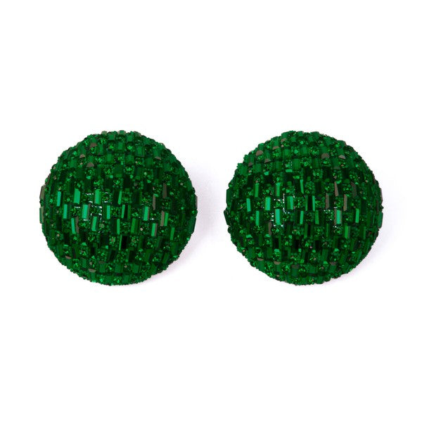 two green, beaded  earrings are shown in a front view