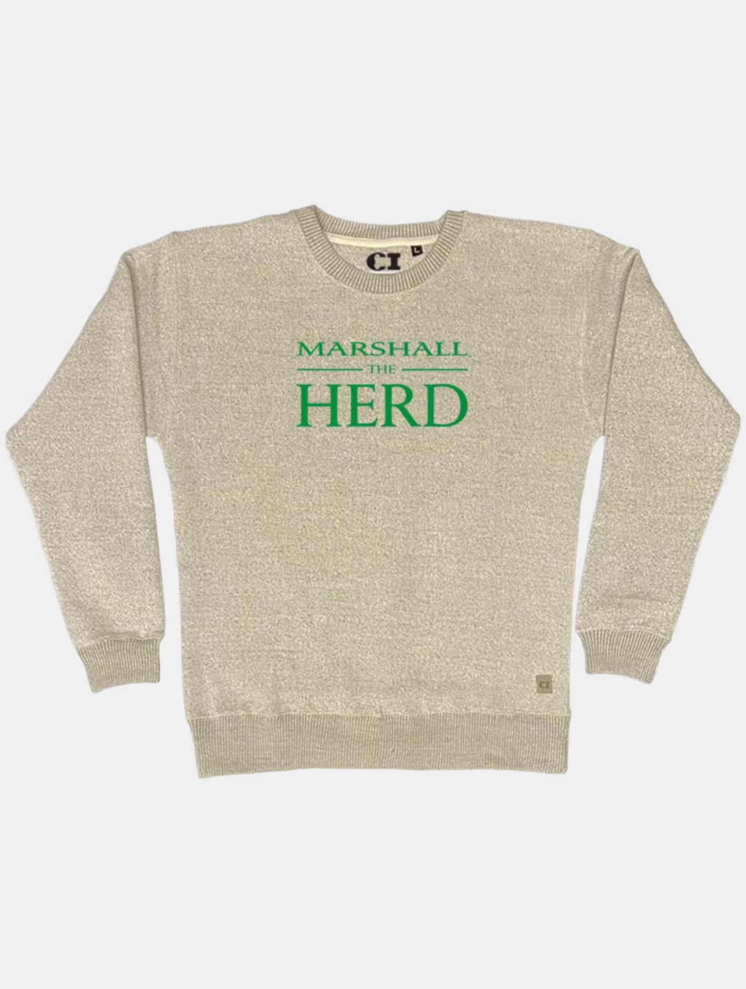 an oatmeal color sweater/sweatshirt with Marshall the Herd on the front