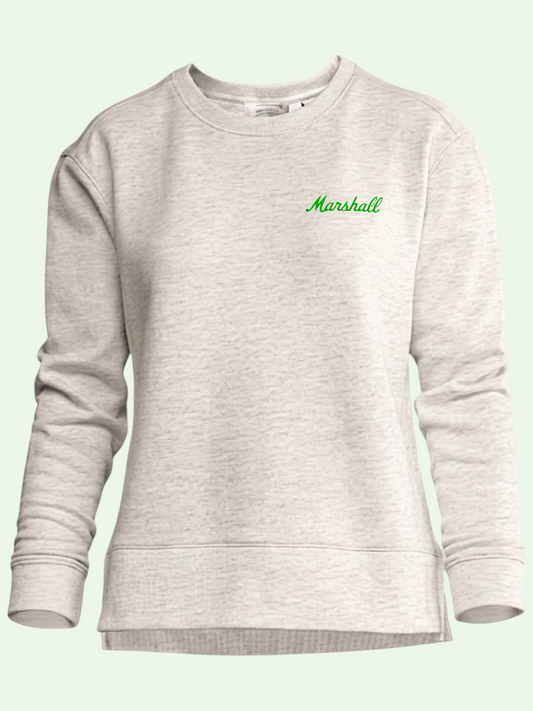A light heather gray crewneck sweatshirt with 'Marshall' printed in green cursive on the left chest, displayed on a pale green background.