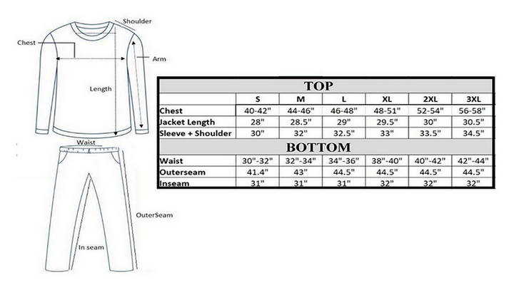 Measurement chart for clothing with a diagram of a shirt and pants, showing size dimensions.