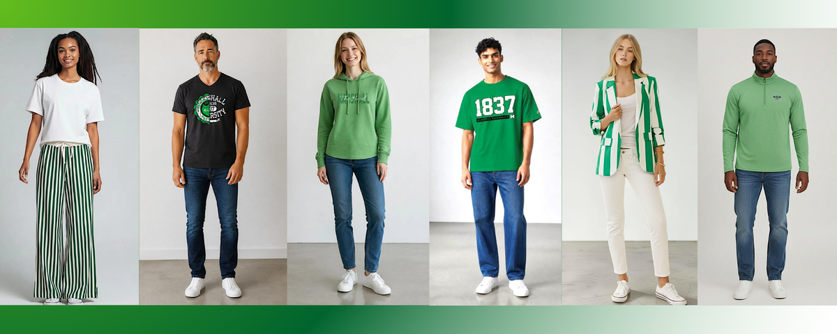 A six-model apparel collage showing different clothing items: a white top with green-and-white striped pants, a black graphic T-shirt, a green long-sleeve top, a green graphic T-shirt, a green-and-white striped blazer with white pants, and a light green long-sleeve shirt with jeans. The models are standing against a white studio background with a green gradient border.