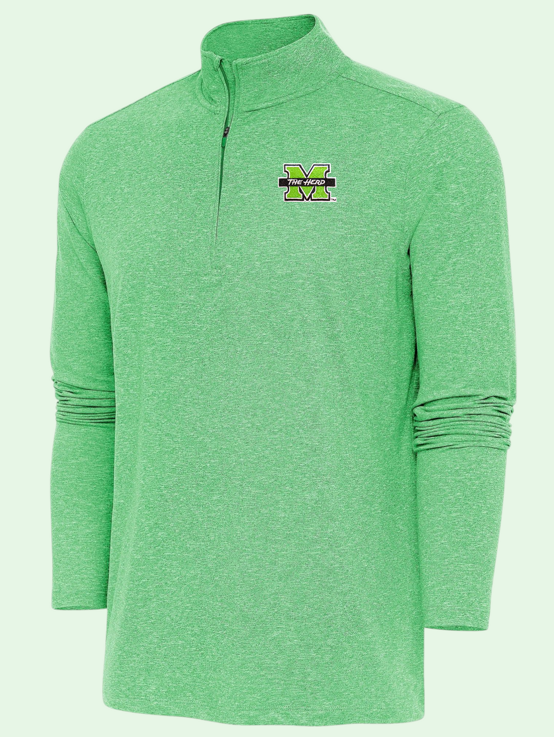 Green quarter-zip pullover with a logo on a light green background