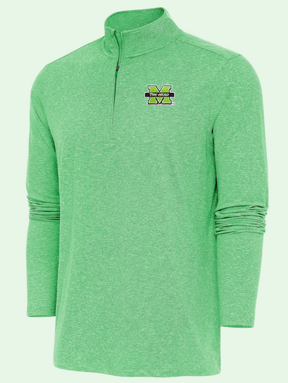 Green quarter-zip pullover with a logo on a light green background