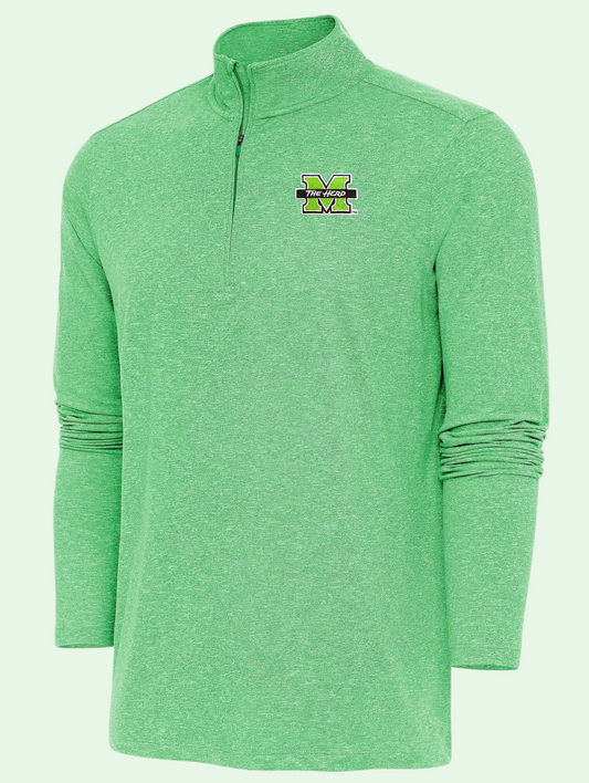 Green quarter-zip pullover with a logo on a light green background