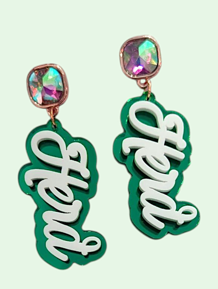 Earrings with herd text on a light green background
