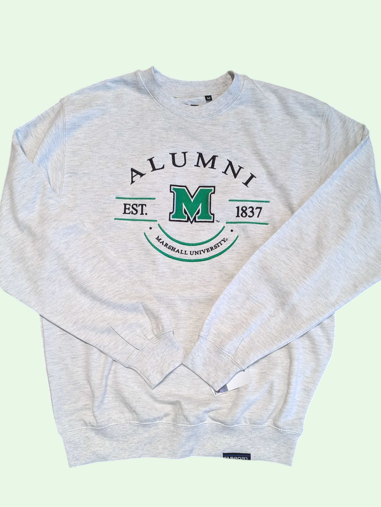 Gray sweatshirt with 'Alumni' and 'Marshall University' text on a light green background