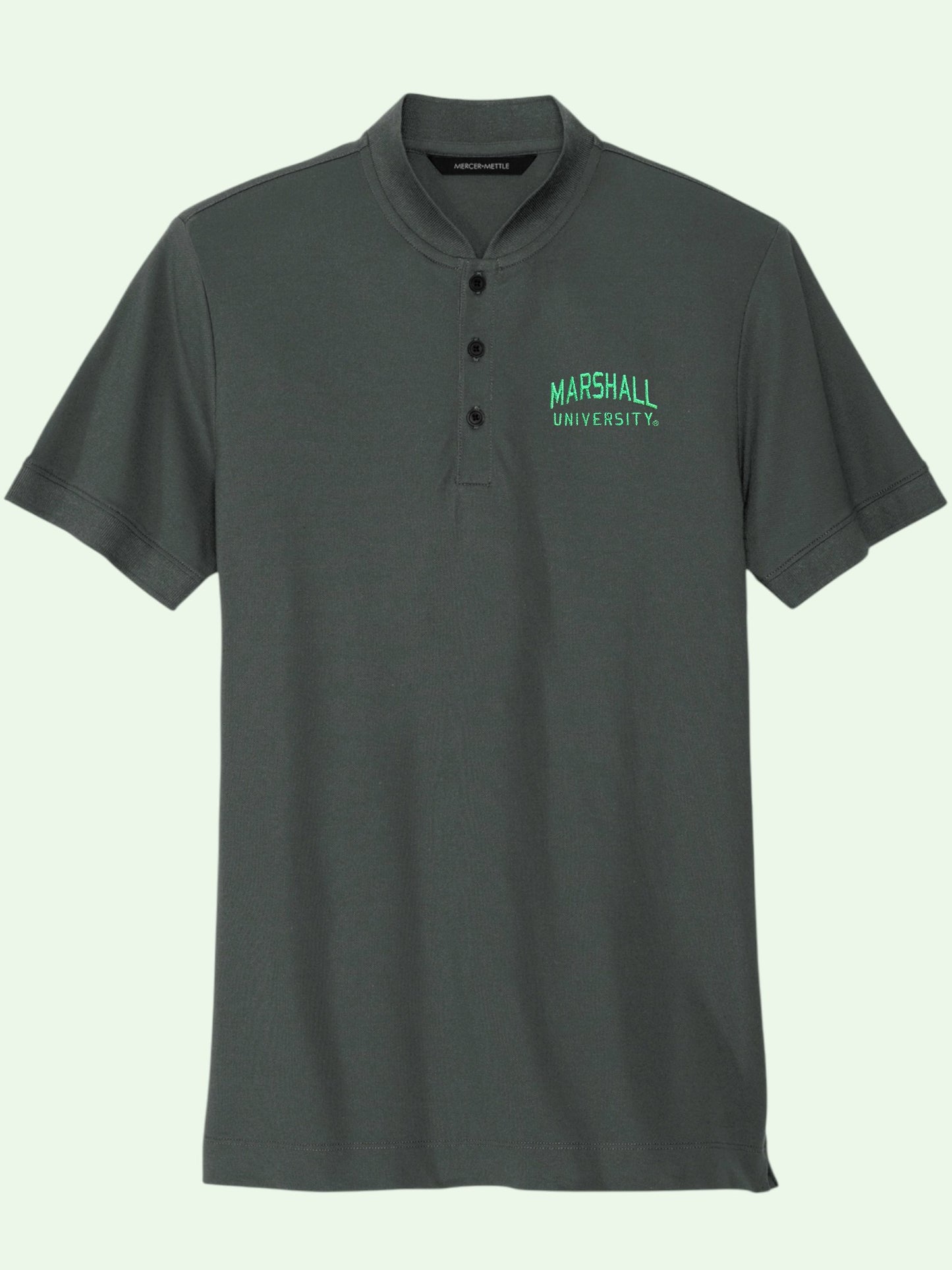 Gray polo shirt with 'Marshall University' logo on a light gray background