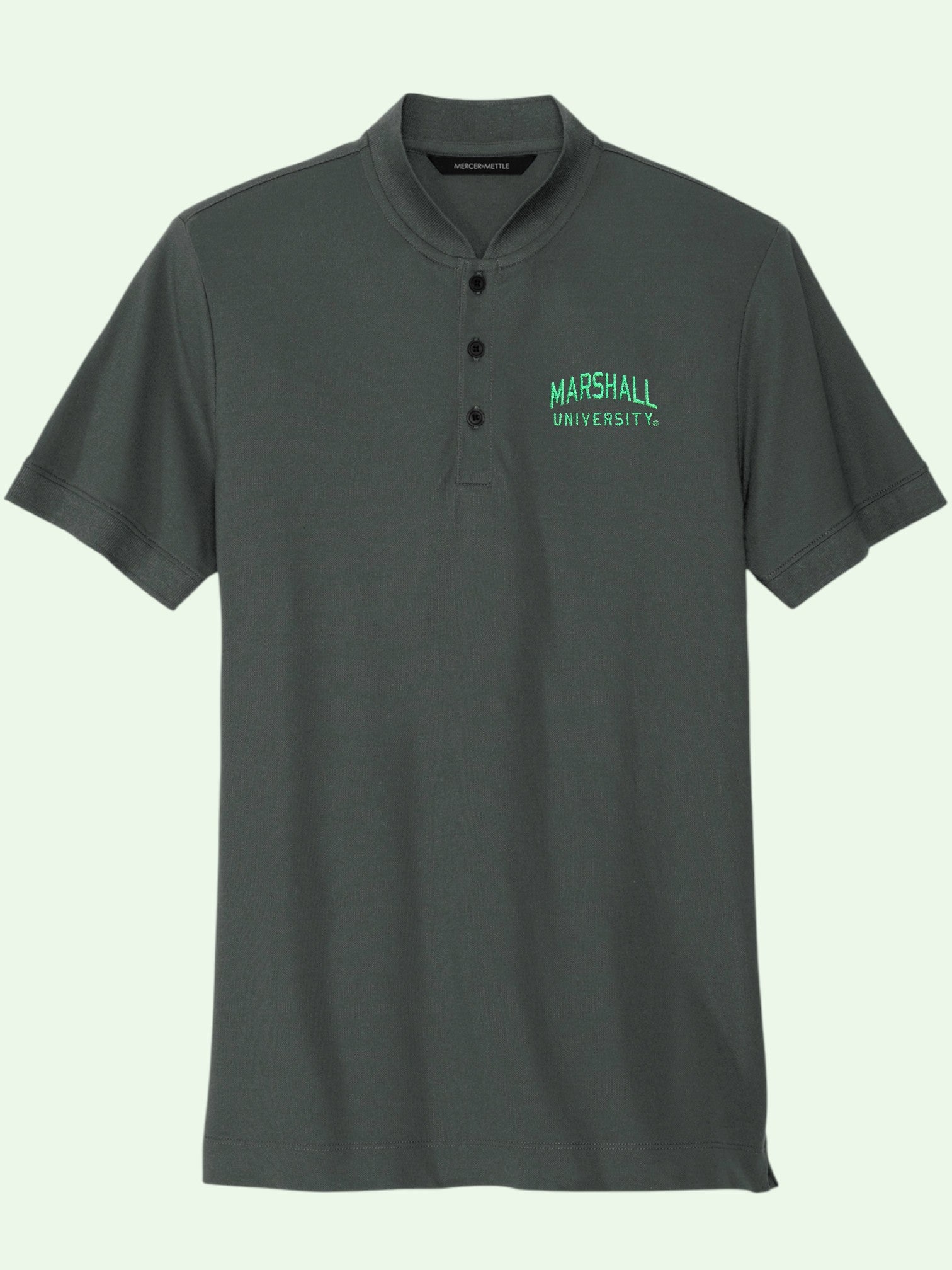 Gray polo shirt with 'Marshall University' logo on a light gray background