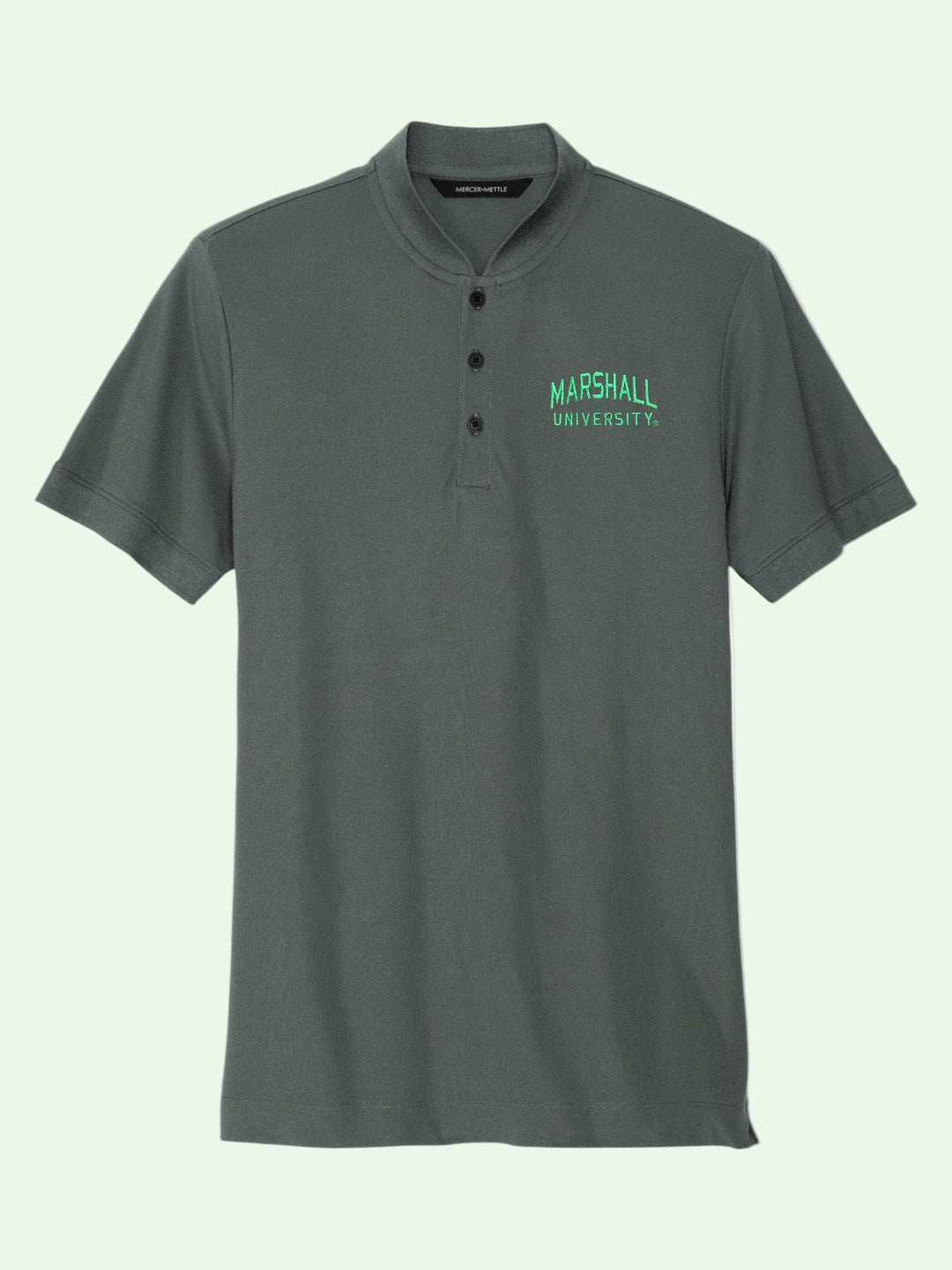 Gray polo shirt with Marshall University logo on a white background
