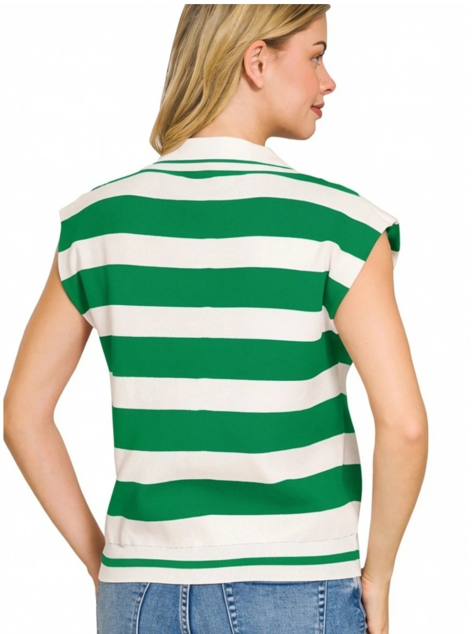 A woman shown from the back wearing a green and white horizontally striped sleeveless top with a crew neck, paired with blue jeans, against a plain white background.