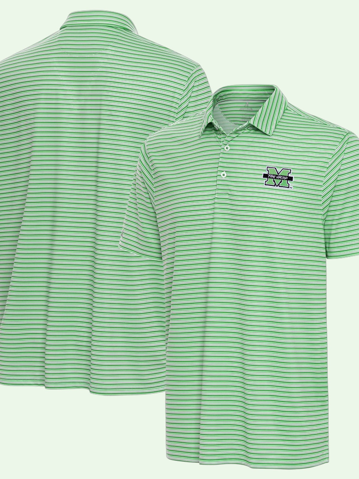 A light green and white horizontally striped short-sleeve polo shirt shown from both front and back angles. The front features a small embroidered logo on the left chest, and the back view shows the full striped pattern.