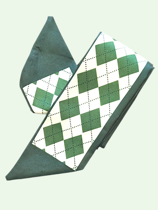Green and white checkered fabric with a geometric pattern on a light green background