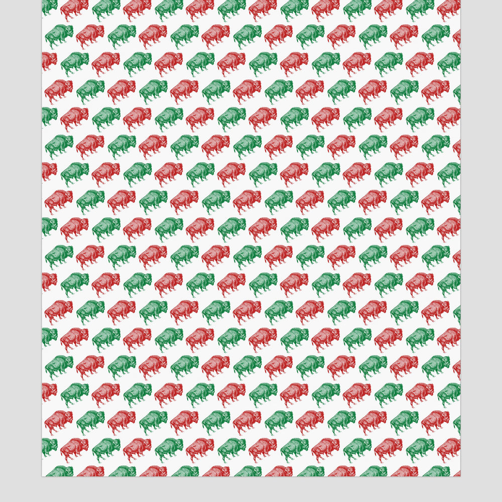 distance view of wrapping paper showing the overall effect of the offset red and green buffalo print