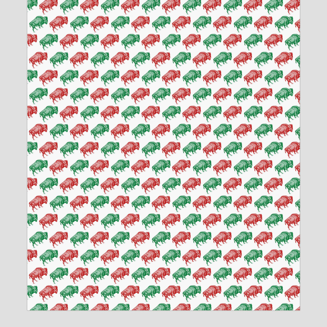 distance view of wrapping paper showing the overall effect of the offset red and green buffalo print