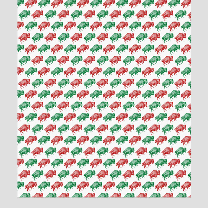 distance view of wrapping paper showing the overall effect of the offset red and green buffalo print