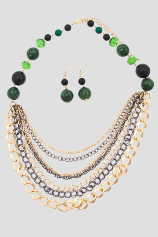a necklace with a selection of 5 different sized and color beads combined with a selection of 6 differently sized chains arranged in a circle around matching earrings