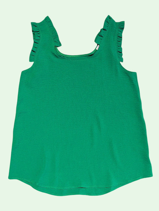 Green tank top with ruffled straps on a light green background