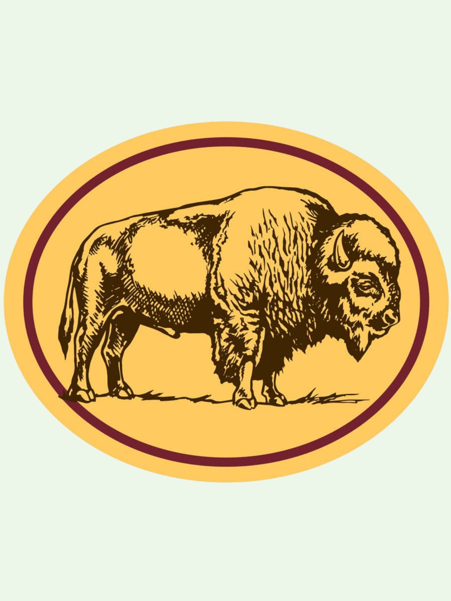 Illustration of a bison within a circular border. the background is light yellow.