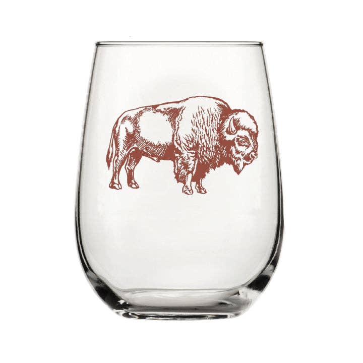 Clear glass with a brown bison illustration on a white background